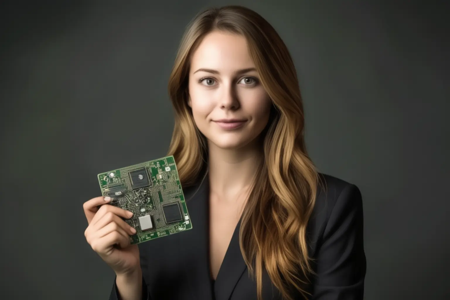 Young Female CEO Displaying Next-Gen Circuit-Board